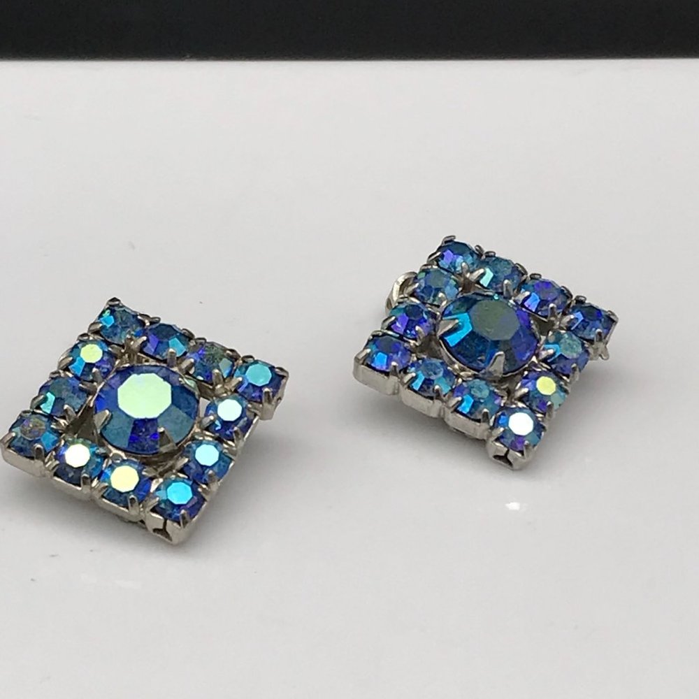 Blue AB Crystal Square Earrings, Vintage Art Deco Holiday Sparkle, Silver Tone